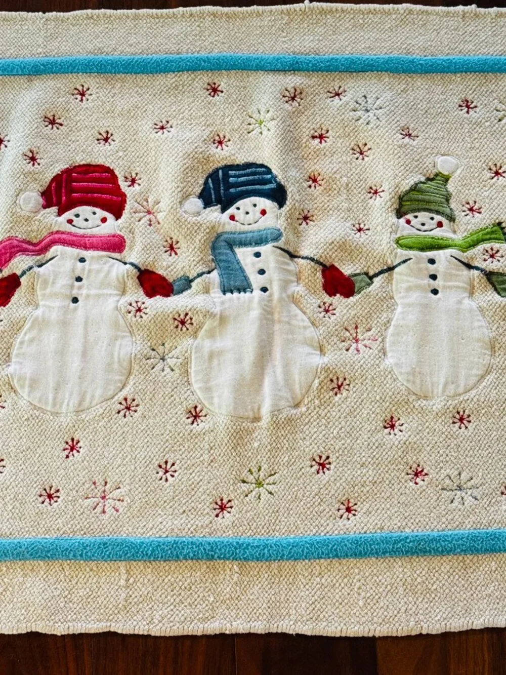 Christmas Bath Mat Embroidery Snowman Cotton Holiday Decor Wish for Joy India